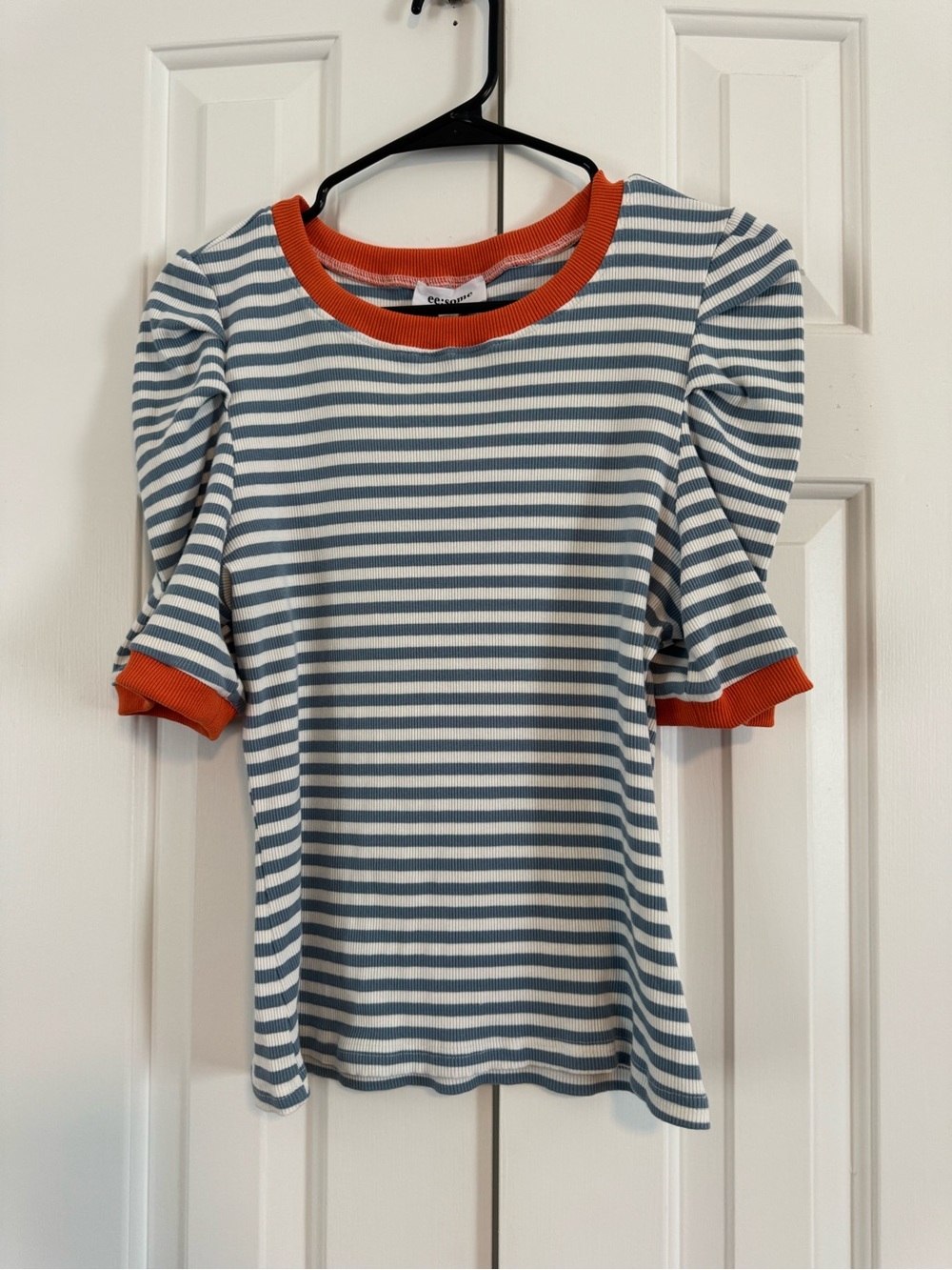 ee:some Blue and White Striped Puff Sleeve Tee with Orange Trim